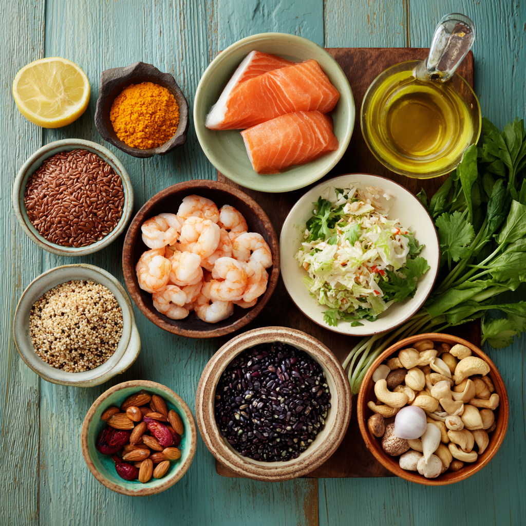 Healthy meal ingredients arranged by experienced nutritionist for older adults